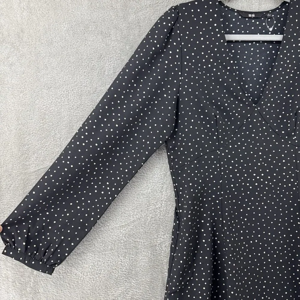 Uniqlo Dress M Black Polka Dots Babydoll V-Neck Ballon Sleeve Knee Length Pocket